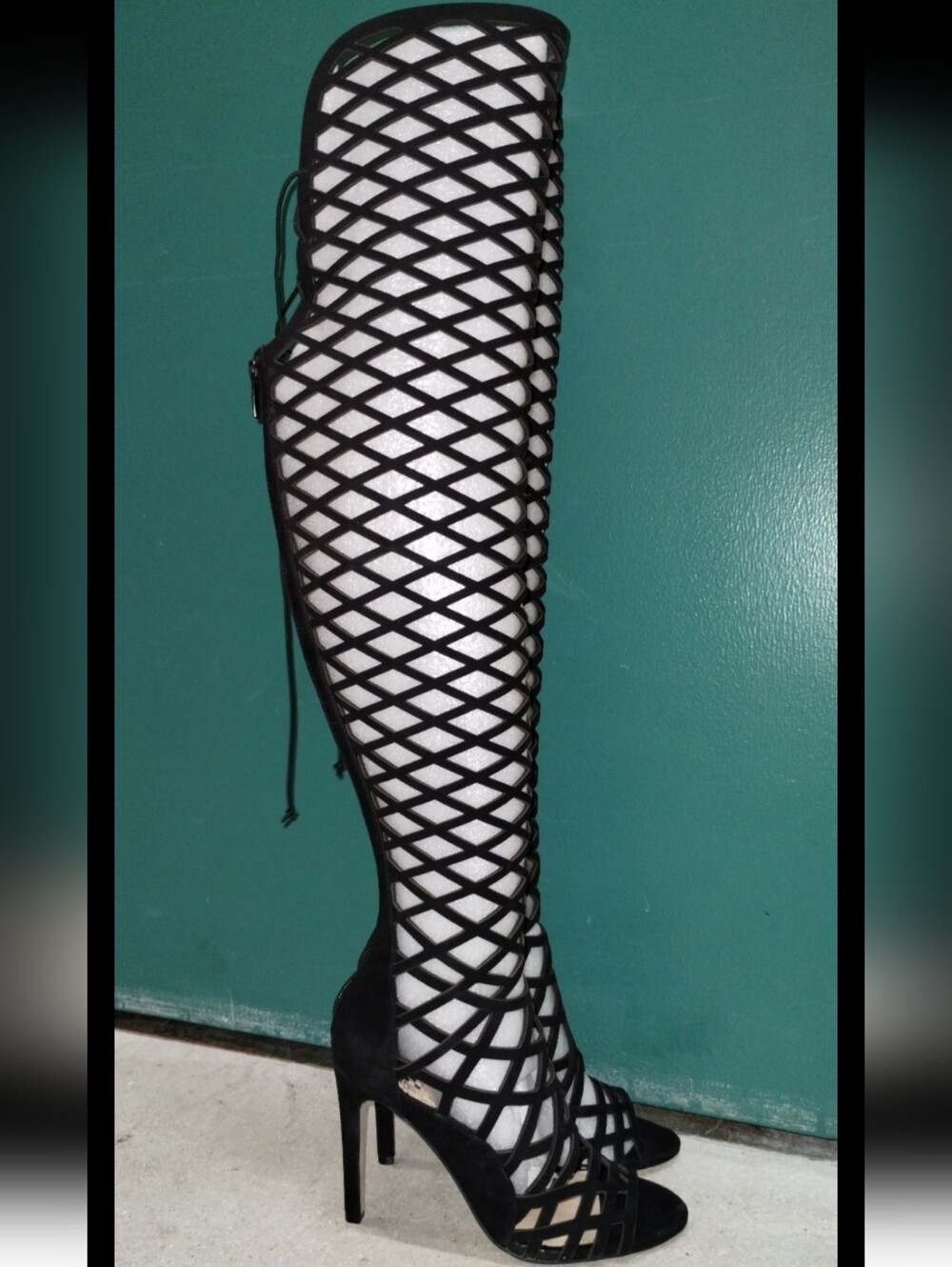 Vince Camuto Black Lattice Over-the-Knee Lace-Up Stiletto Boots